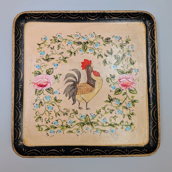 Pair of Vintage Hand-Painted Folk Art Style Rooster and Floral Square Trays - Picture 2 of 7